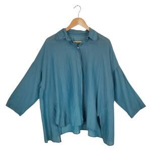 P. Taylor Women's Oversized Boxy Fit Teal Blue Silk Cotton Button Up Blouse M